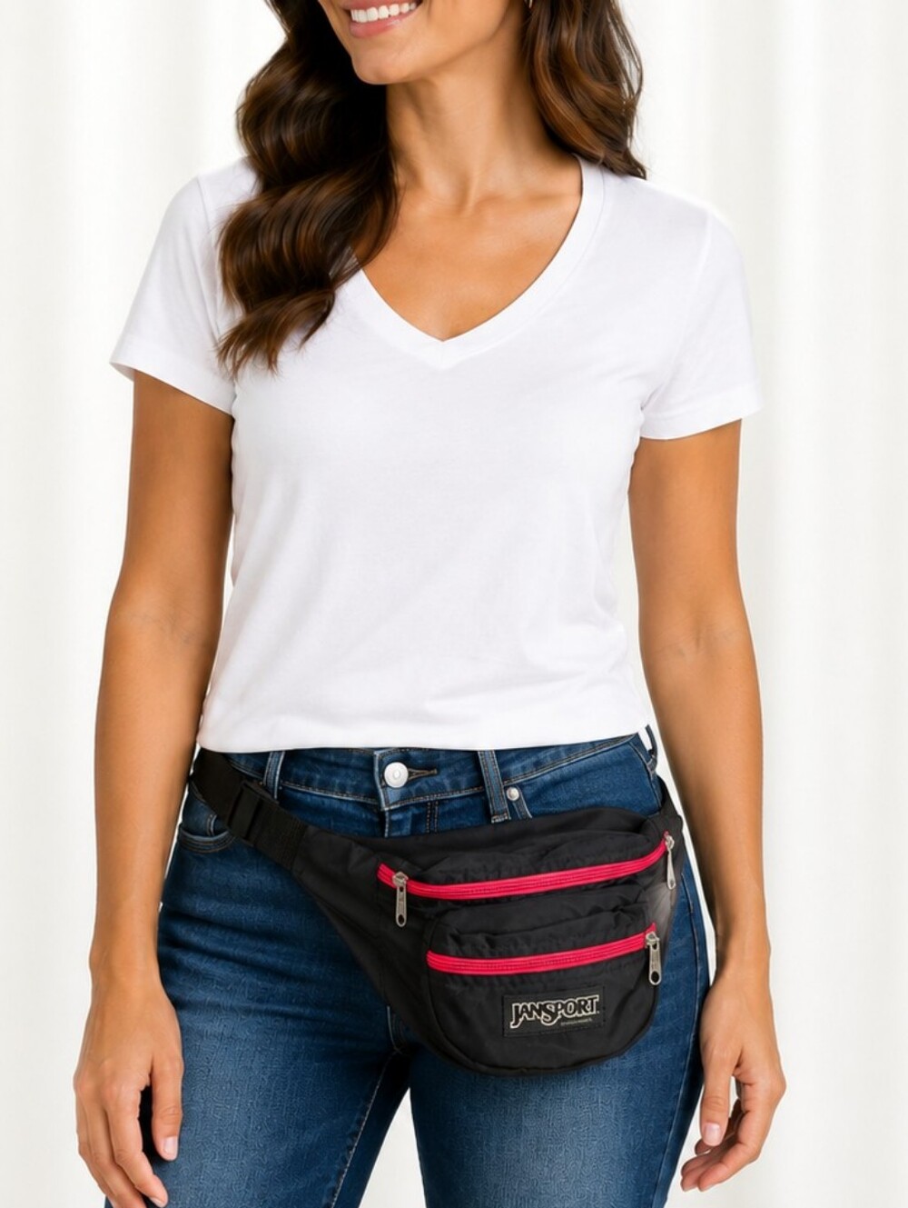 Jansport Black Waist Pack Fanny Pack Pink Zippers Adjustable Belt Bag